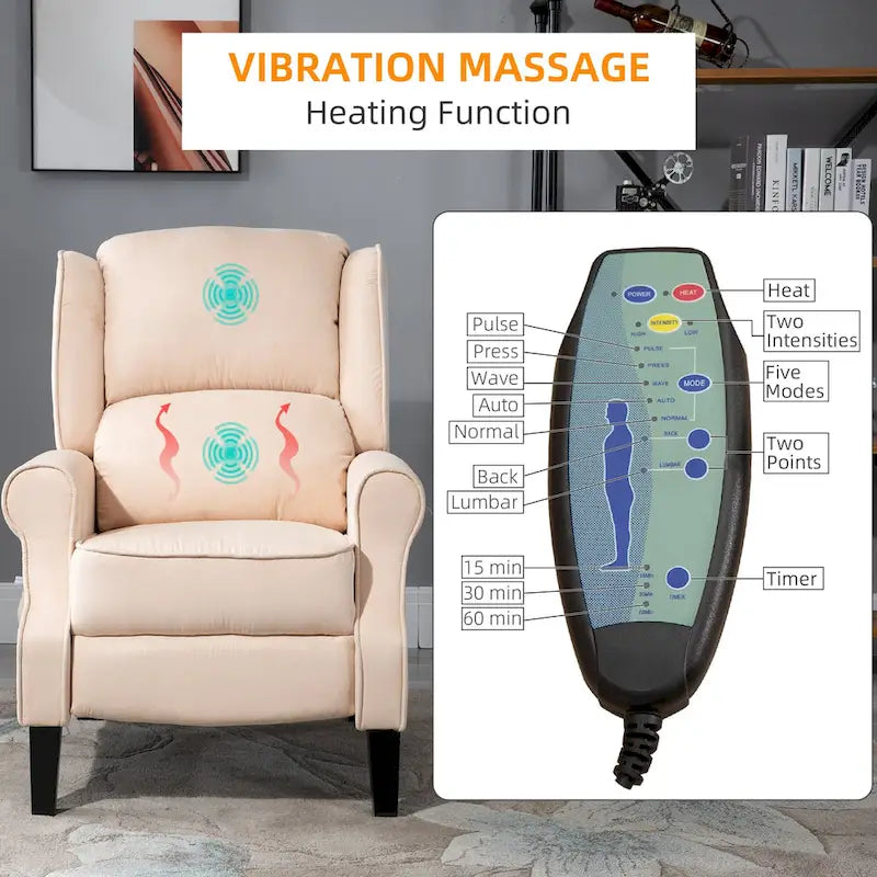 Cream White Heated Massage Recliner Chair with Lumbar Heating & Remote Controller