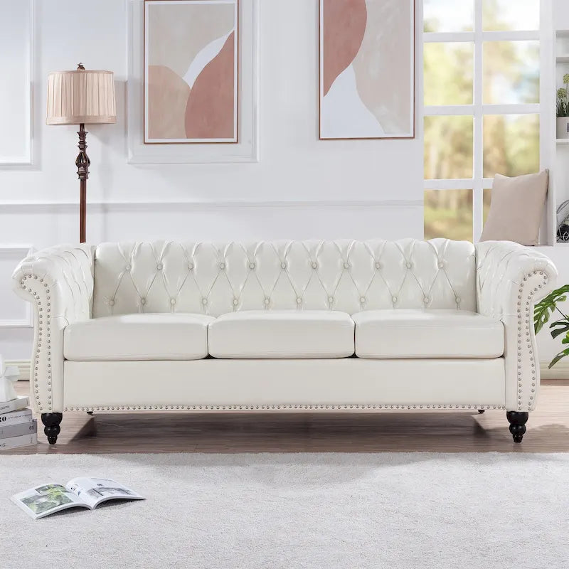 White 84.65  Chesterfield PU Leather 3-Seater Sofa with Button Tufted Backrest