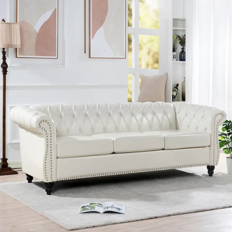 White 84.65  Chesterfield PU Leather 3-Seater Sofa with Button Tufted Backrest
