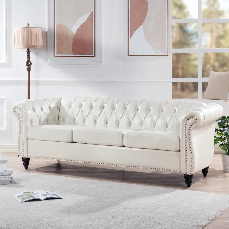 White 84.65  Chesterfield PU Leather 3-Seater Sofa with Button Tufted Backrest