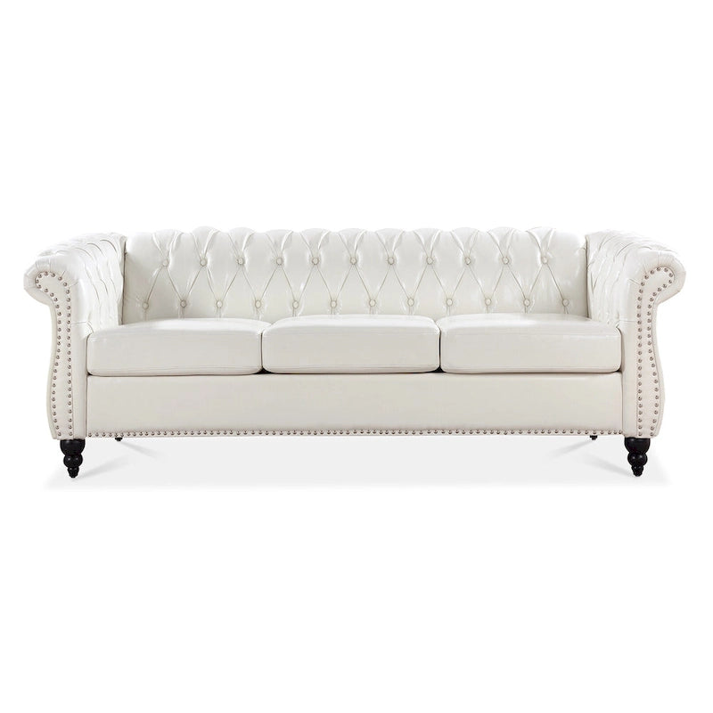 White 84.65  Chesterfield PU Leather 3-Seater Sofa with Button Tufted Backrest