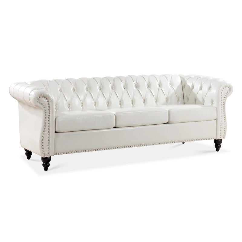 White 84.65  Chesterfield PU Leather 3-Seater Sofa with Button Tufted Backrest