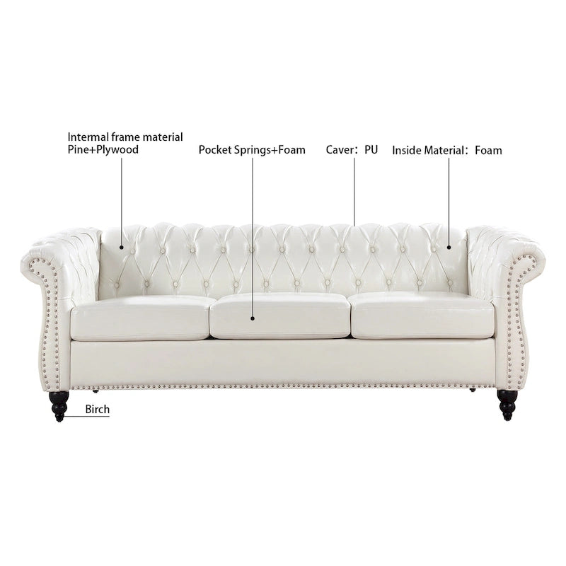 White 84.65  Chesterfield PU Leather 3-Seater Sofa with Button Tufted Backrest