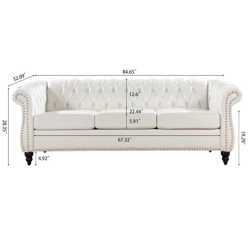 White 84.65  Chesterfield PU Leather 3-Seater Sofa with Button Tufted Backrest