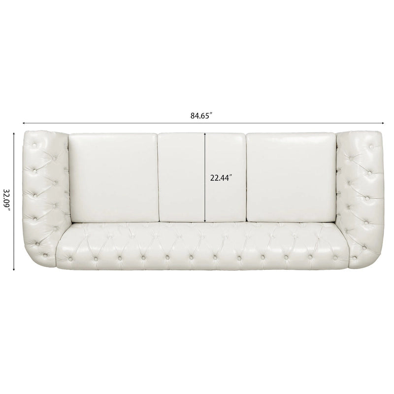White 84.65  Chesterfield PU Leather 3-Seater Sofa with Button Tufted Backrest