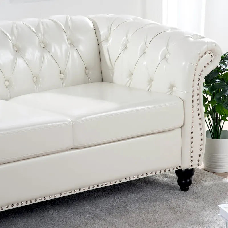White 84.65  Chesterfield PU Leather 3-Seater Sofa with Button Tufted Backrest