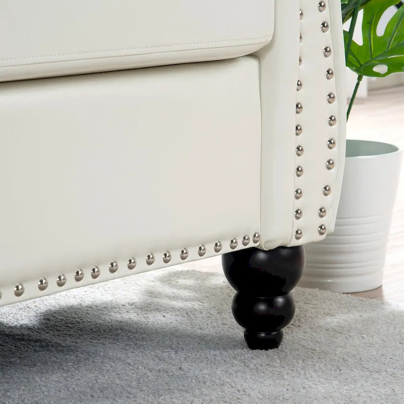 White 84.65  Chesterfield PU Leather 3-Seater Sofa with Button Tufted Backrest