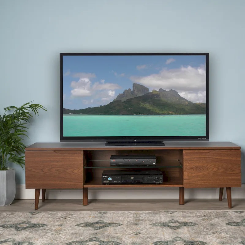 Walnut 59.2  TV Stand with 2 Cabinets & Tempered Glass Shelf for 40  TVs