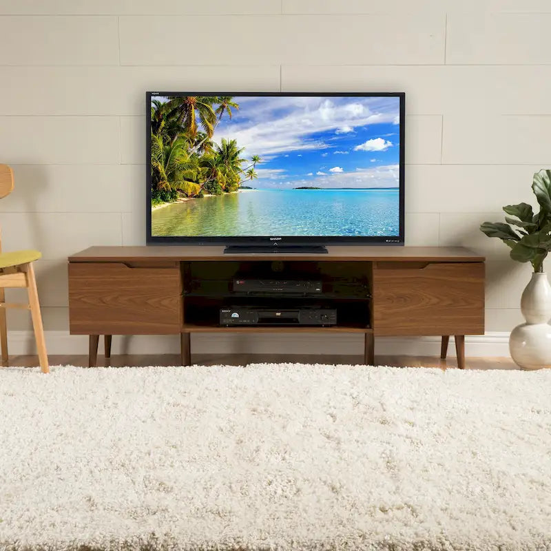 Walnut 59.2  TV Stand with 2 Cabinets & Tempered Glass Shelf for 40  TVs