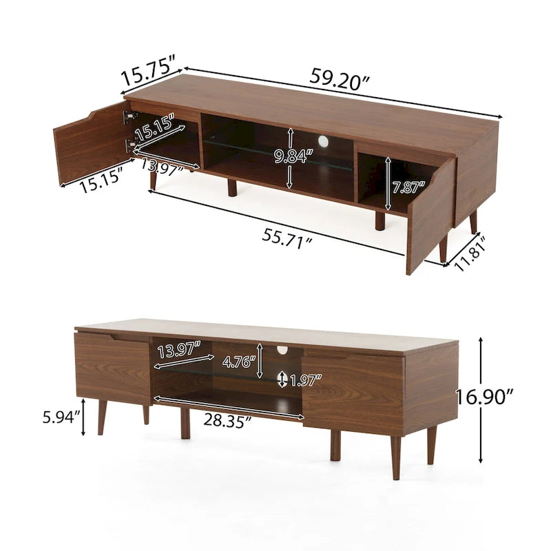 Walnut 59.2  TV Stand with 2 Cabinets & Tempered Glass Shelf for 40  TVs
