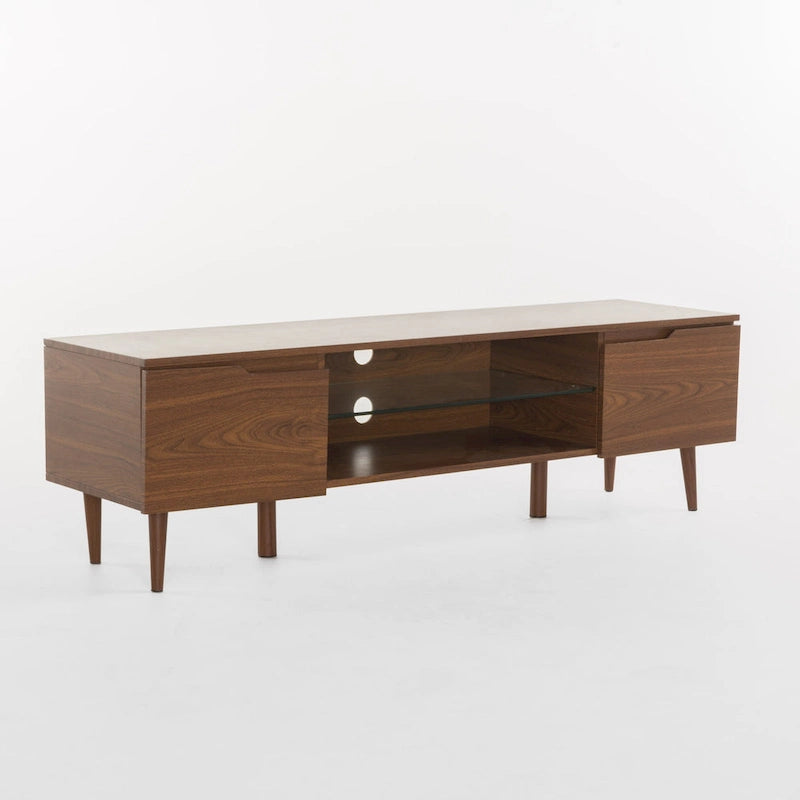 Walnut 59.2  TV Stand with 2 Cabinets & Tempered Glass Shelf for 40  TVs