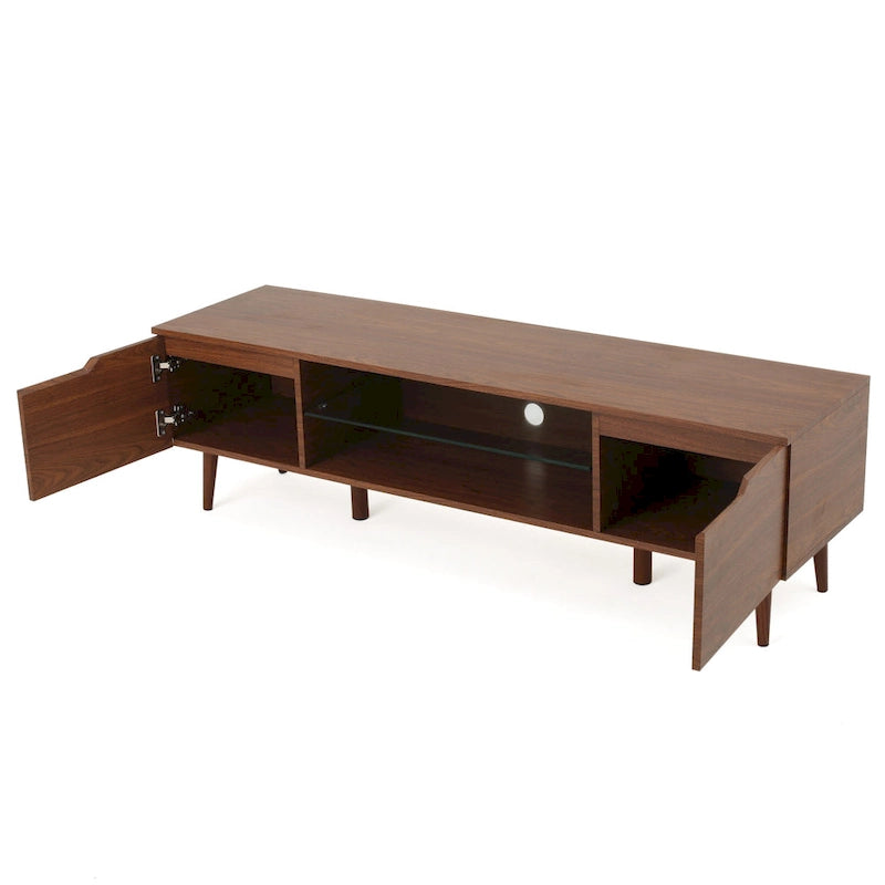 Walnut 59.2  TV Stand with 2 Cabinets & Tempered Glass Shelf for 40  TVs