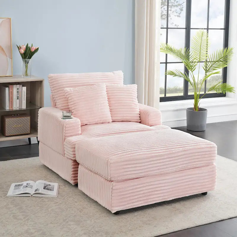 Pink 39.37 Corduroy Single Armchair Sofa with Ottoman, Cup Holder