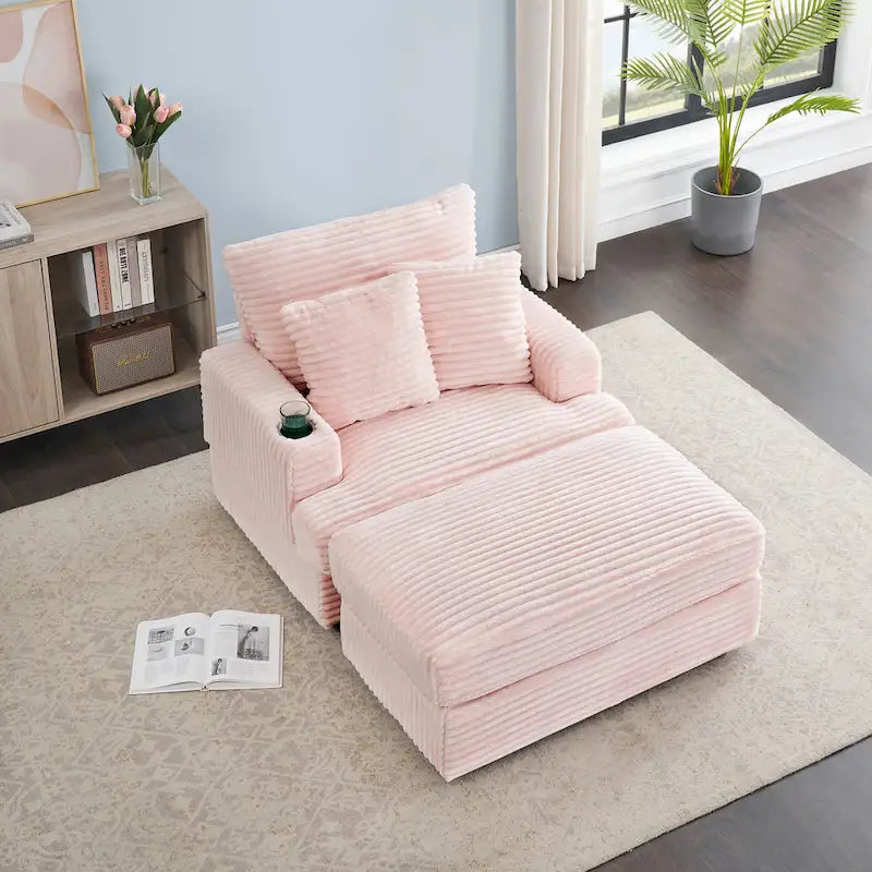 Pink 39.37 Corduroy Single Armchair Sofa with Ottoman, Cup Holder