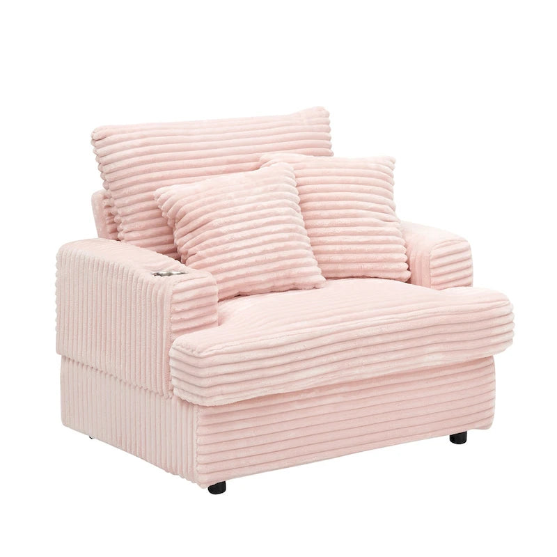Pink 39.37 Corduroy Single Armchair Sofa with Ottoman, Cup Holder