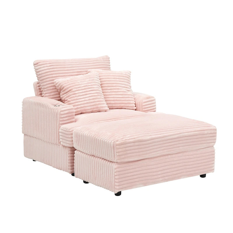 Pink 39.37 Corduroy Single Armchair Sofa with Ottoman, Cup Holder