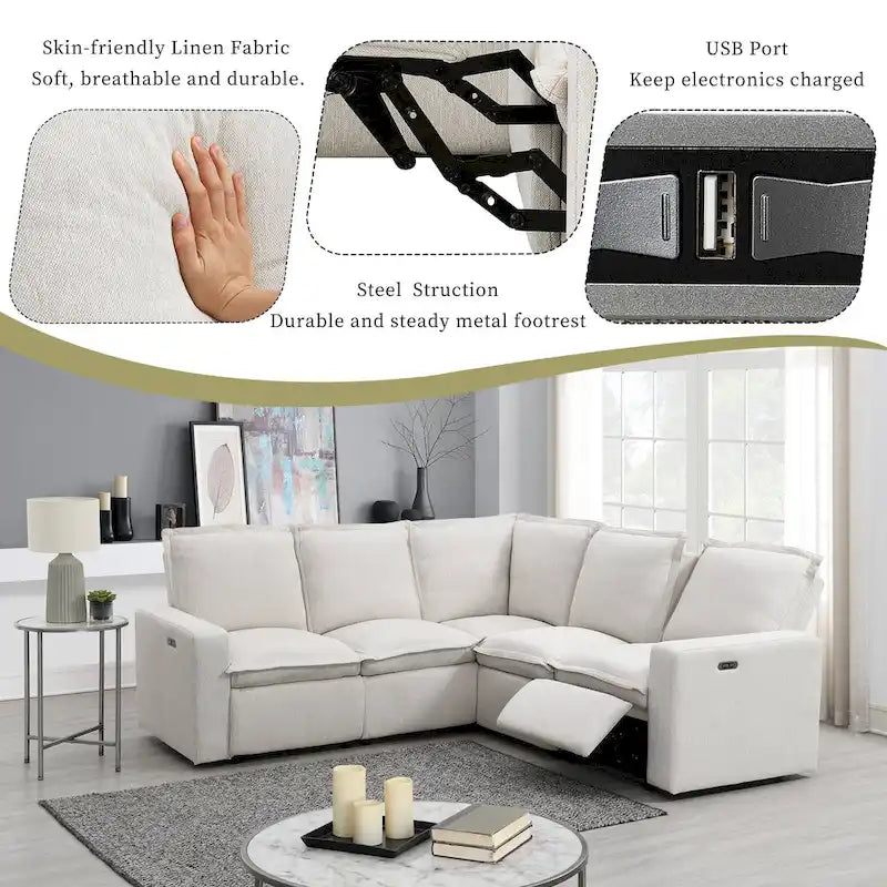Linen L-Shaped Sectional Sofa with Power Recliners & USB