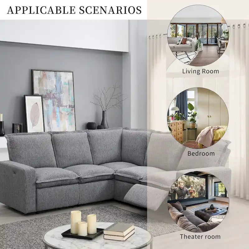Linen L-Shaped Sectional Sofa with Power Recliners & USB