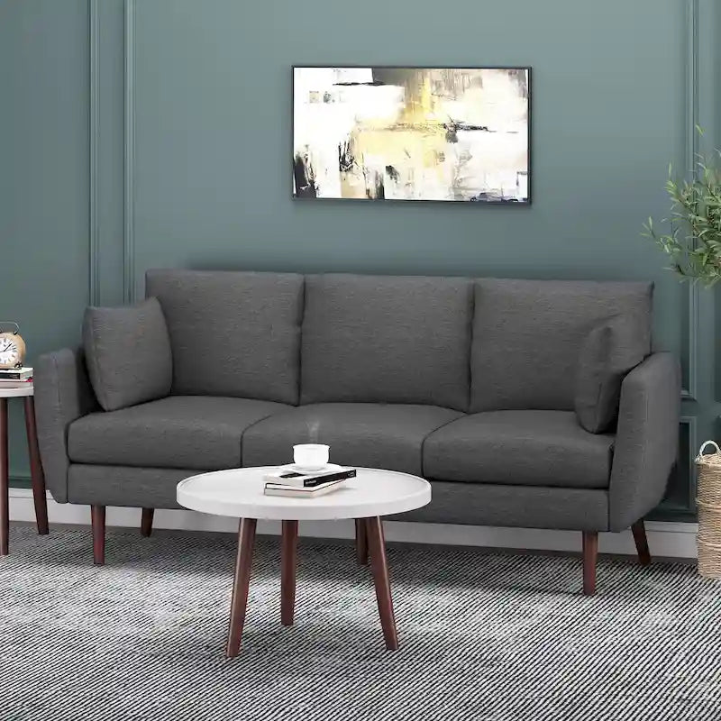 3-Seater Sofa with Pillow-Back Design and Birchwood Legs, Charcoal Fabric