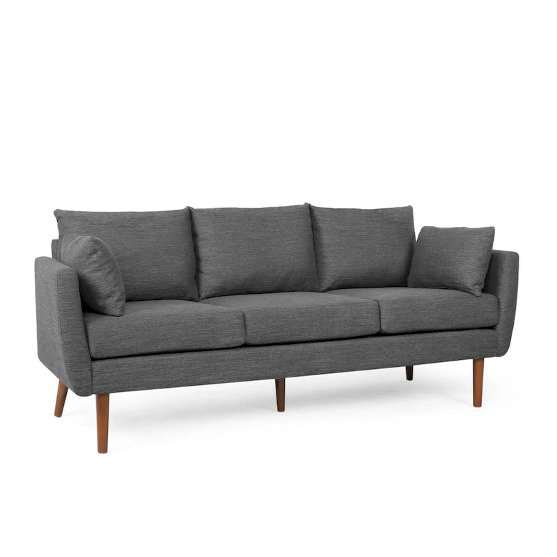 3-Seater Sofa with Pillow-Back Design and Birchwood Legs, Charcoal Fabric