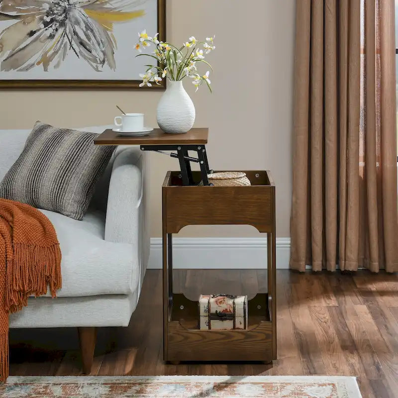 Mid Century Modern Lift Top Side Table, Small Rising End Table Couch Table with Storage Shelf