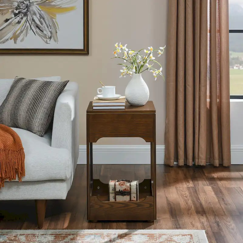 Mid Century Modern Lift Top Side Table, Small Rising End Table Couch Table with Storage Shelf