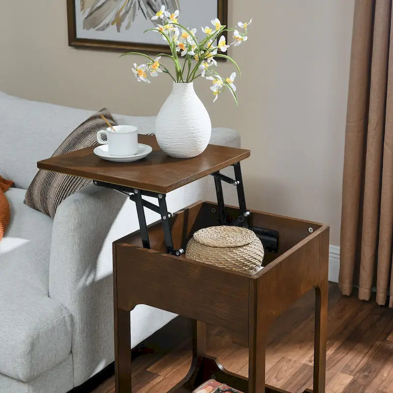 Mid Century Modern Lift Top Side Table, Small Rising End Table Couch Table with Storage Shelf