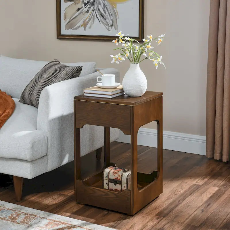 Mid Century Modern Lift Top Side Table, Small Rising End Table Couch Table with Storage Shelf