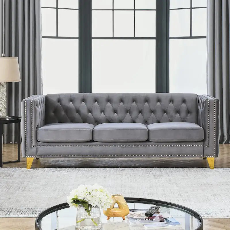 Gray 80.5  Velvet Tufted 3-Seater Sofa with Nailhead Decoration