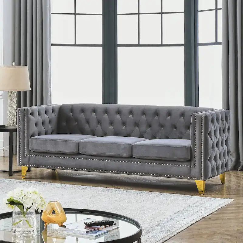 Gray 80.5  Velvet Tufted 3-Seater Sofa with Nailhead Decoration