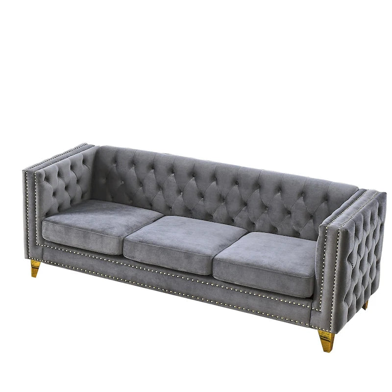 Gray 80.5  Velvet Tufted 3-Seater Sofa with Nailhead Decoration