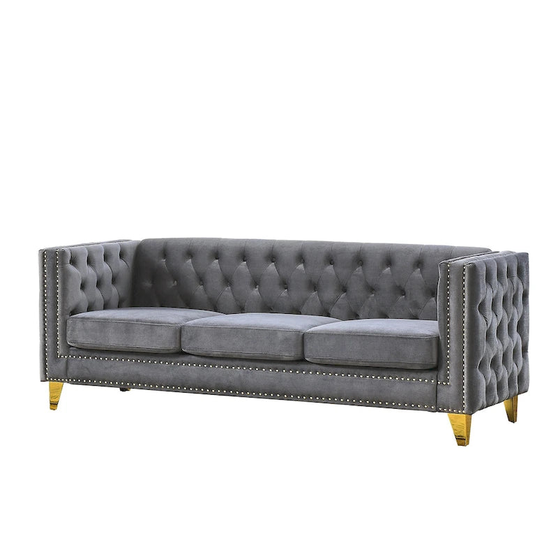 Gray 80.5  Velvet Tufted 3-Seater Sofa with Nailhead Decoration