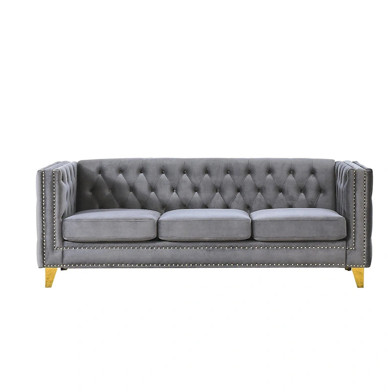 Gray 80.5  Velvet Tufted 3-Seater Sofa with Nailhead Decoration