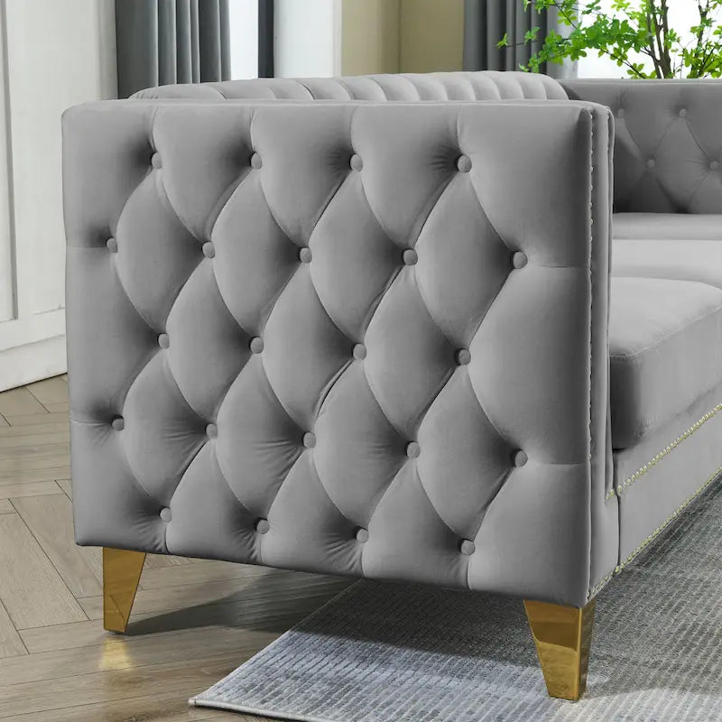 Gray 80.5  Velvet Tufted 3-Seater Sofa with Nailhead Decoration