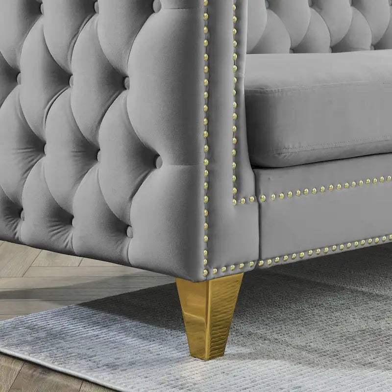 Gray 80.5  Velvet Tufted 3-Seater Sofa with Nailhead Decoration