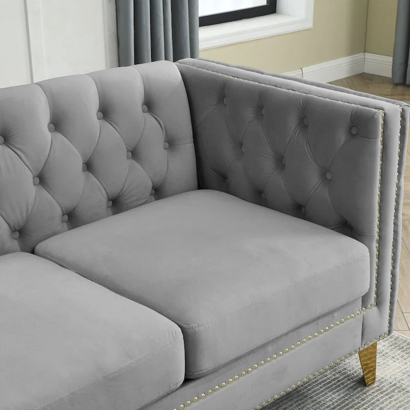 Gray 80.5  Velvet Tufted 3-Seater Sofa with Nailhead Decoration