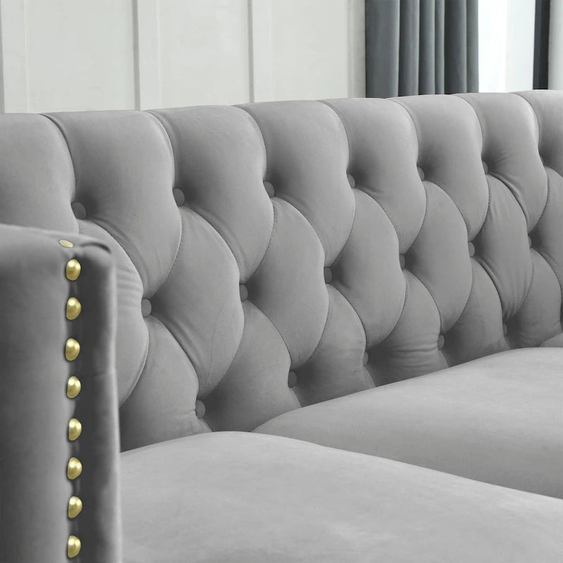 Gray 80.5  Velvet Tufted 3-Seater Sofa with Nailhead Decoration