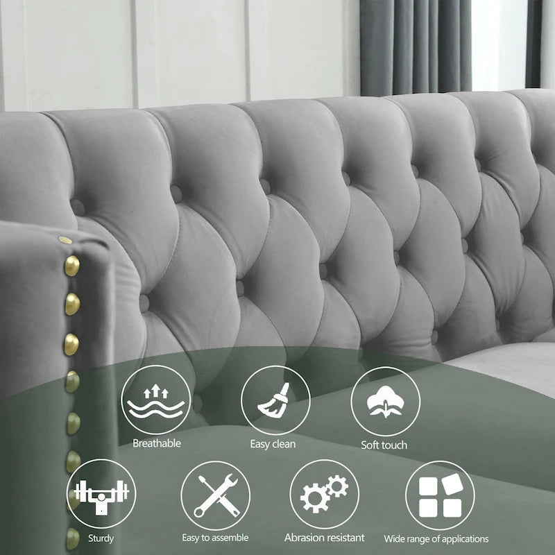 Gray 80.5  Velvet Tufted 3-Seater Sofa with Nailhead Decoration