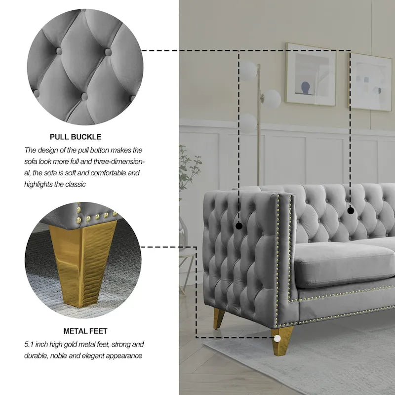 Gray 80.5  Velvet Tufted 3-Seater Sofa with Nailhead Decoration