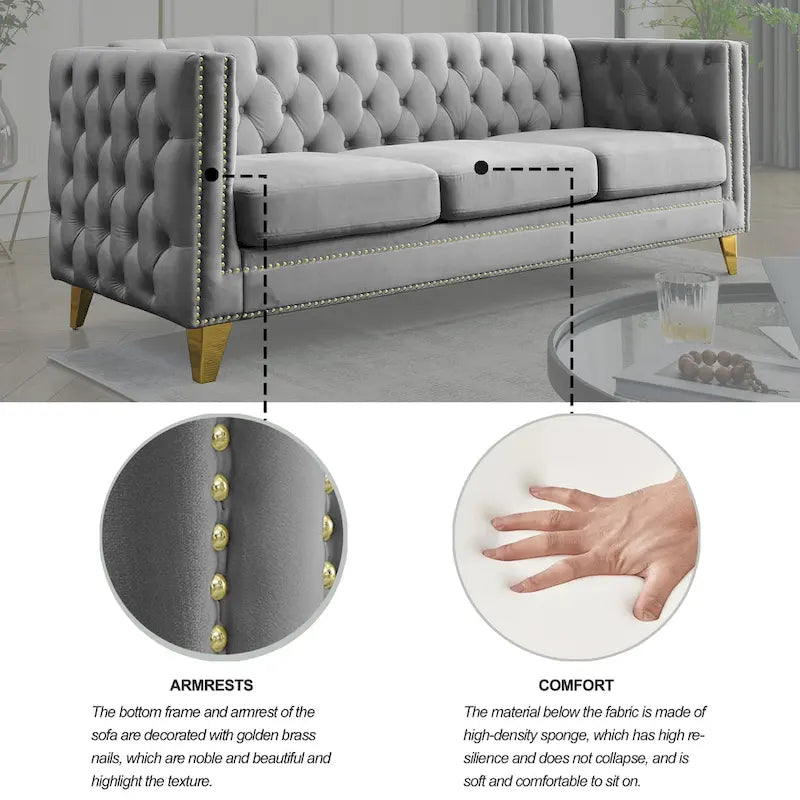 Gray 80.5  Velvet Tufted 3-Seater Sofa with Nailhead Decoration