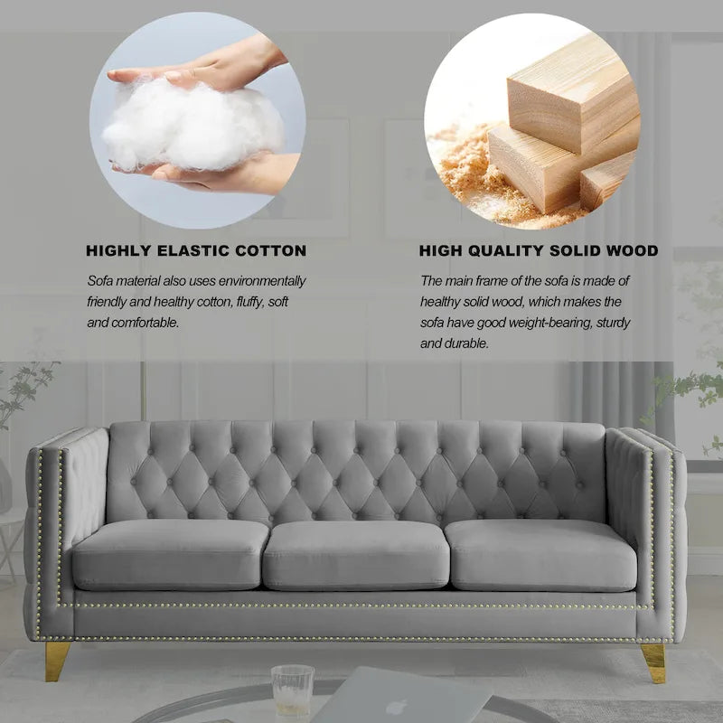 Gray 80.5  Velvet Tufted 3-Seater Sofa with Nailhead Decoration