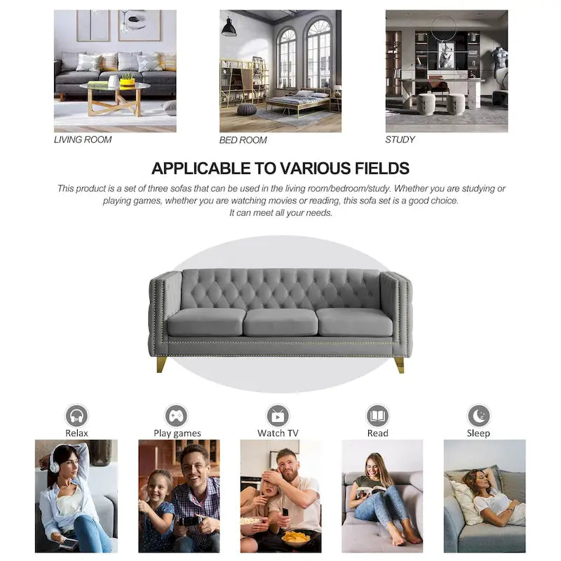 Gray 80.5  Velvet Tufted 3-Seater Sofa with Nailhead Decoration