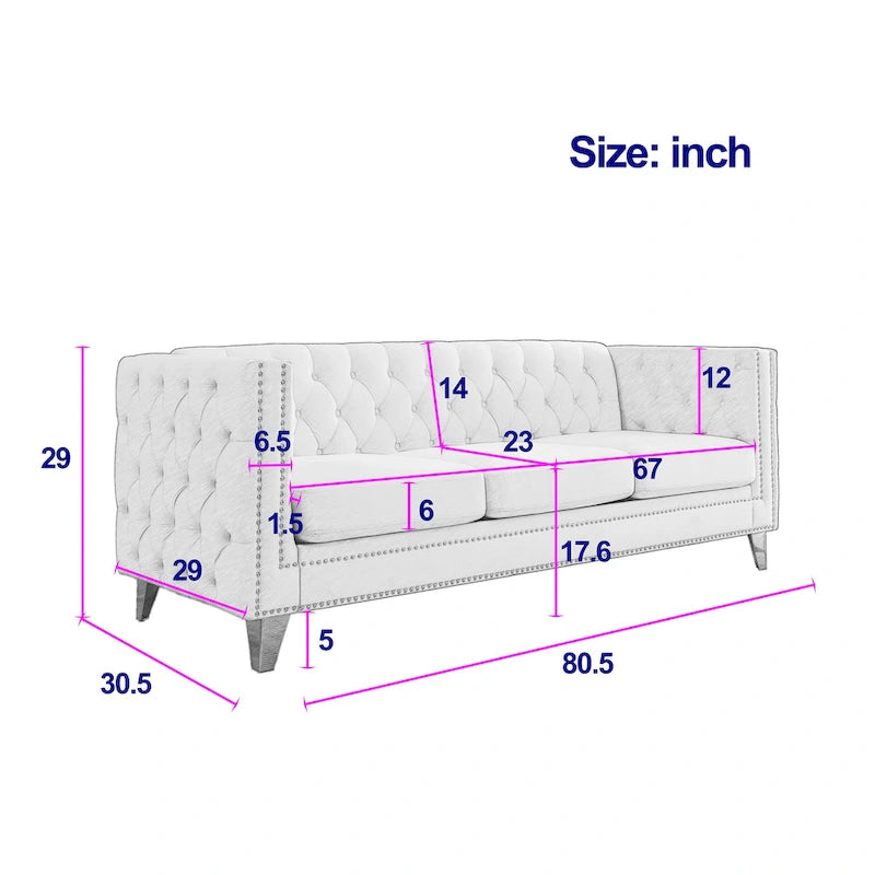 Gray 80.5  Velvet Tufted 3-Seater Sofa with Nailhead Decoration