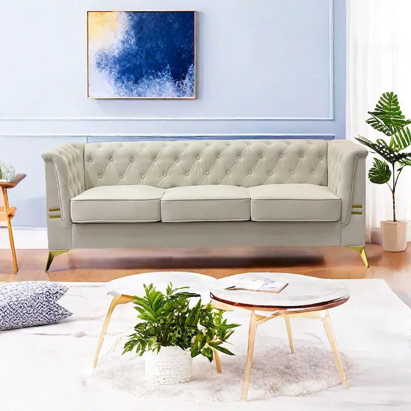 82.7  Velvet 3-Seater Sofa with Gold Metal Legs