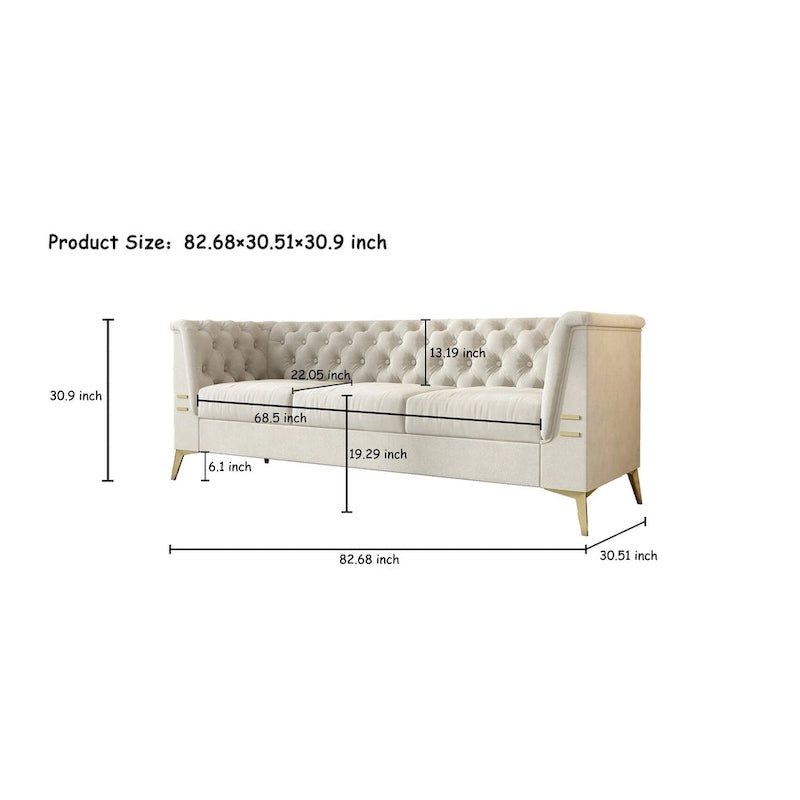82.7  Velvet 3-Seater Sofa with Gold Metal Legs