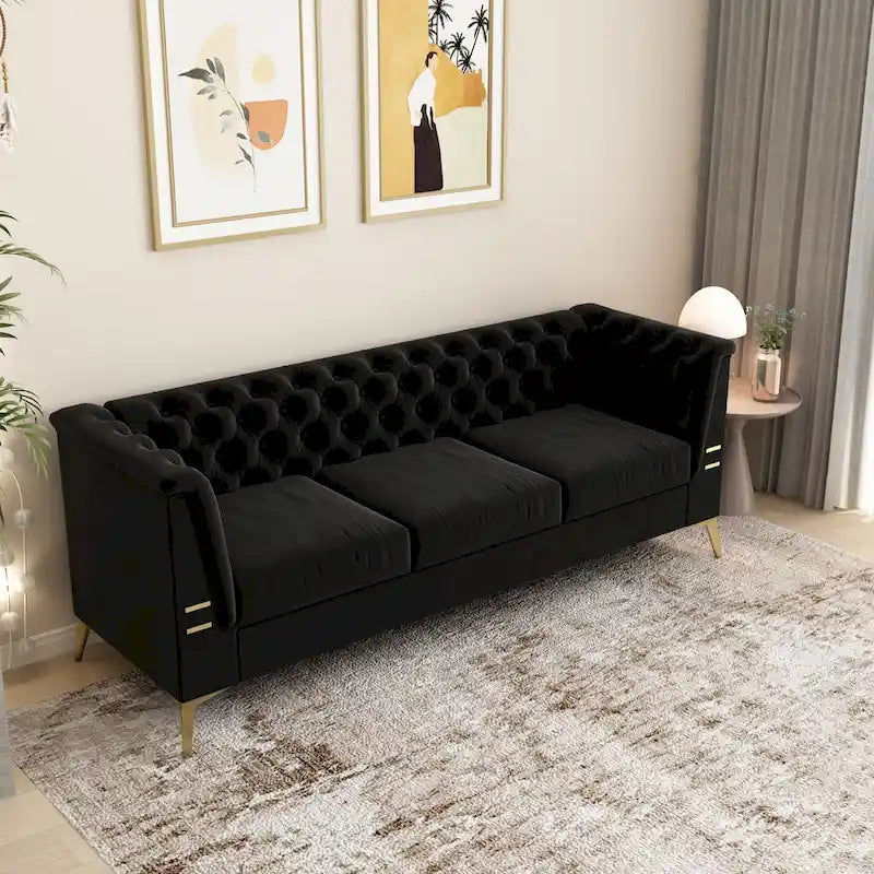 82.7  Velvet 3-Seater Sofa with Gold Metal Legs