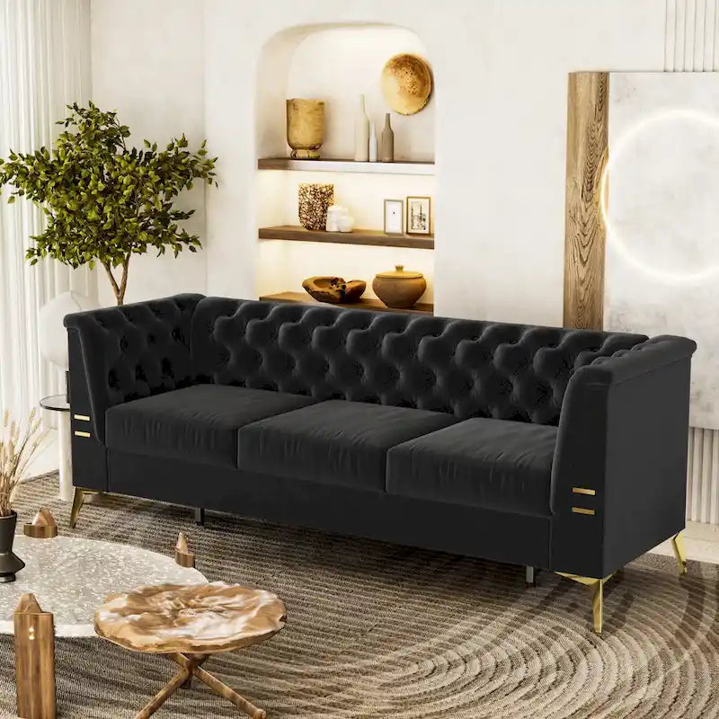 82.7  Velvet 3-Seater Sofa with Gold Metal Legs