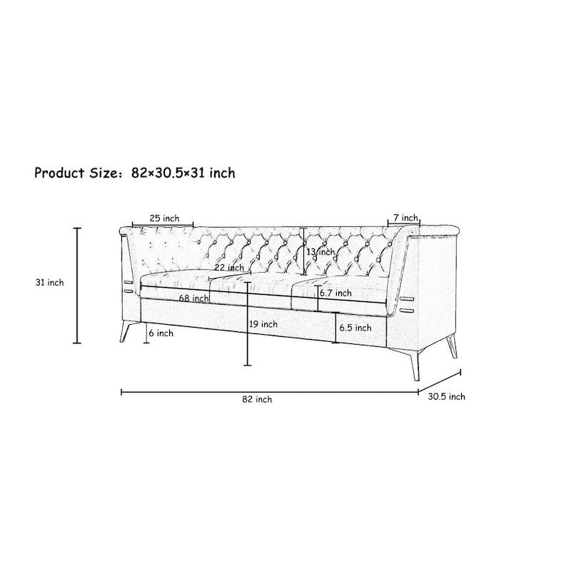 82.7  Velvet 3-Seater Sofa with Gold Metal Legs