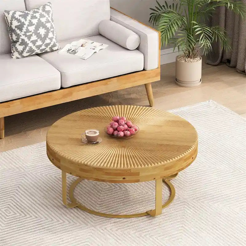 Modern Wood Round Coffee Table with Metal Legs