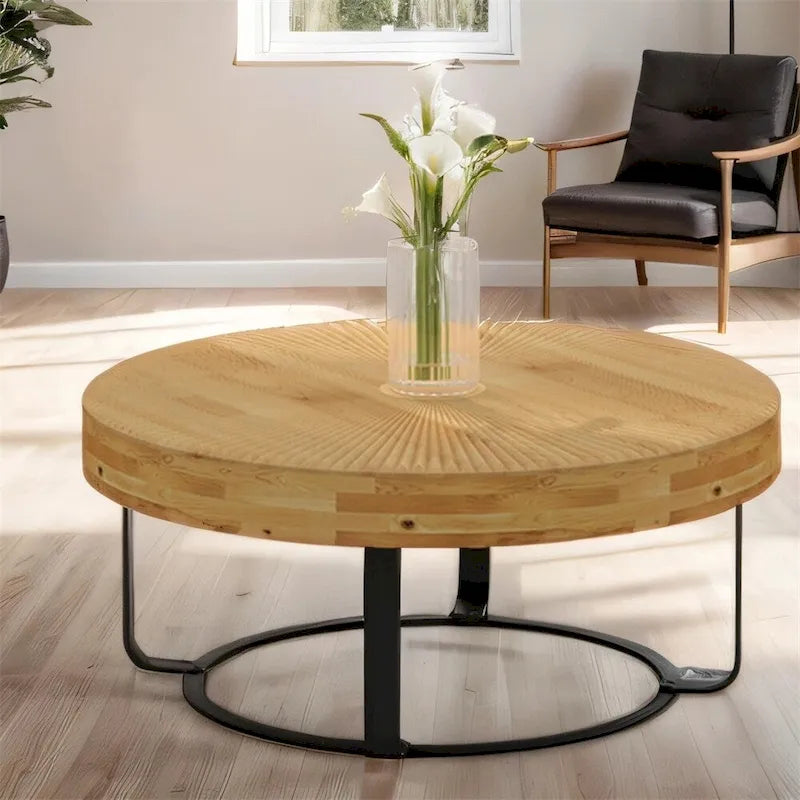 Modern Wood Round Coffee Table with Metal Legs